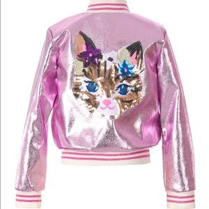 Girls Hannah Banana Metallic Pink Bomber Jacket with Sequin Cat Size 6